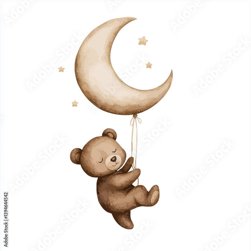 Dreamy Bear's Celestial Ride: A whimsical illustration depicts a sweet bear soaring through the night sky, gently held aloft by a crescent moon, evoking feelings of serenity and wonder.