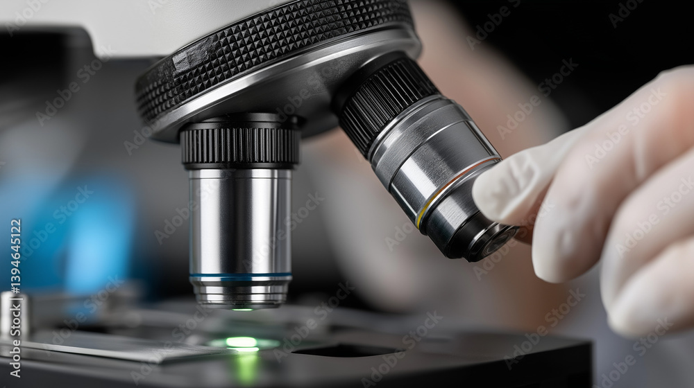 Close-up of researcher's hands adjusting high-tech microscope for precise analysis. scientist, microscope, laboratory, research, hands close-up, science experiment, lab work, medical research, biology Close-up of researcher's hands adjusting high-tech microscope for precise analysis. scientist, microscope, laboratory, research, hands close-up, science experiment, lab work, medical research, biology