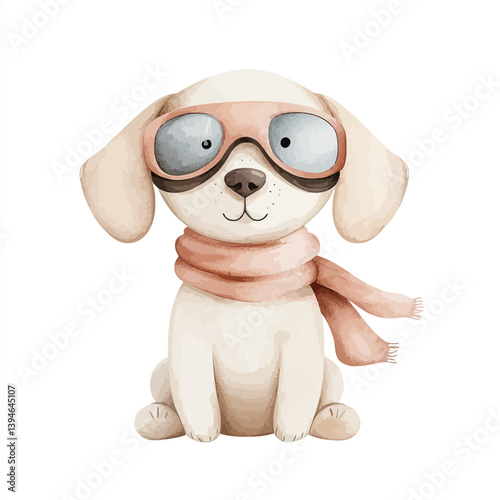 Pilot Dog: A charming cartoon illustration showcases a playful puppy, adorned with vintage goggles and a cozy scarf, ready for an imaginary flight, embodying a spirit of adventure and fun.