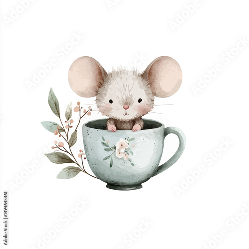 Tiny Teacup Tales: A sweet illustration of a small mouse nestled inside a delicate teacup, evoking a sense of coziness and charm.