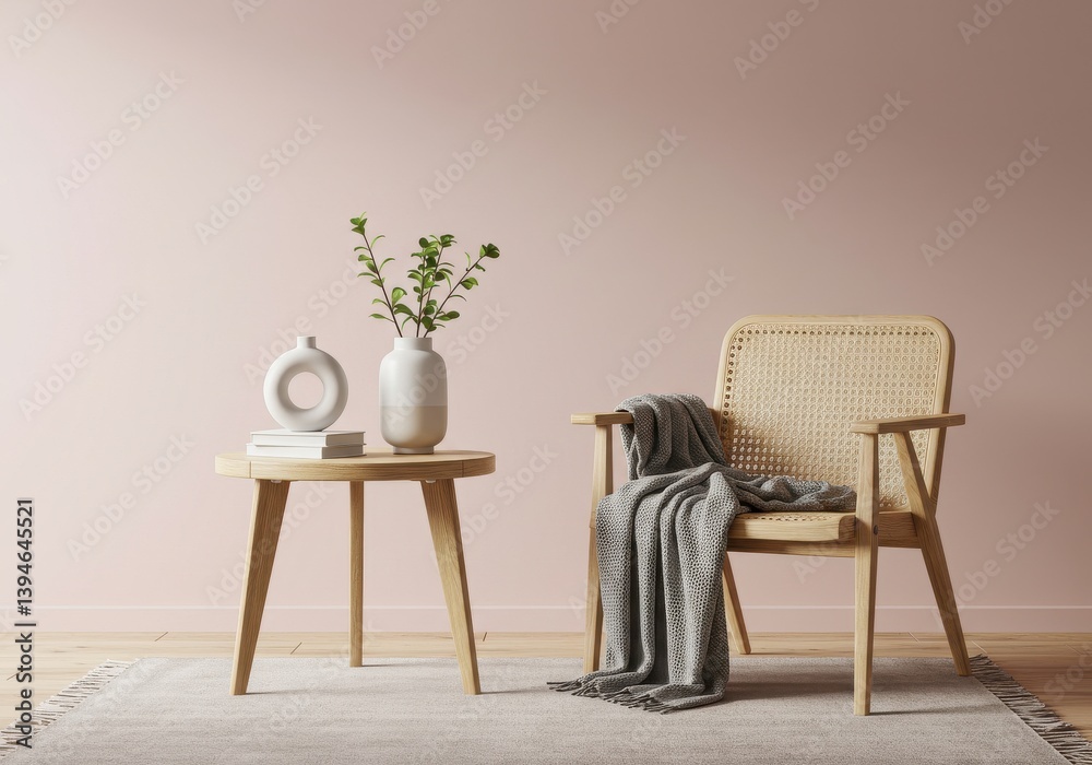 Fototapeta premium A cozy interior scene with a wooden chair table and decorative objects against a pink wall space