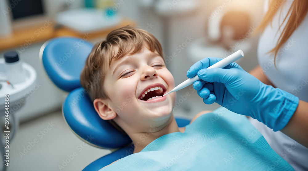 child is happily undergoing dental checkup, smiling while dentist examines their teeth. atmosphere is calm and reassuring