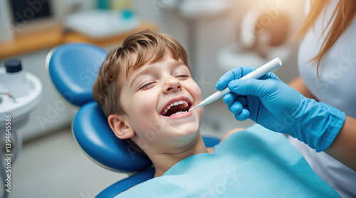 Obraz na płótnie child is happily undergoing dental checkup, smiling while dentist examines their teeth. atmosphere is calm and reassuring w salonie