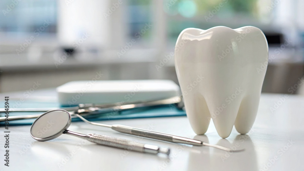 close up of tooth model alongside dental tools, clean and organized dental workspace. image evokes sense of professionalism and care
