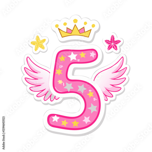 Number 5 with crown and wings in pink fantasy design
