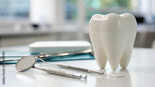 close up of tooth model alongside dental tools, clean and organized dental workspace. image evokes sense of professionalism and care