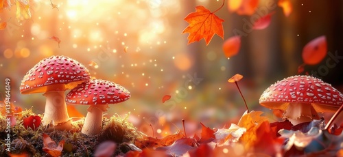 Vibrant red mushrooms surrounded by autumn leaves in enchanting forest setting