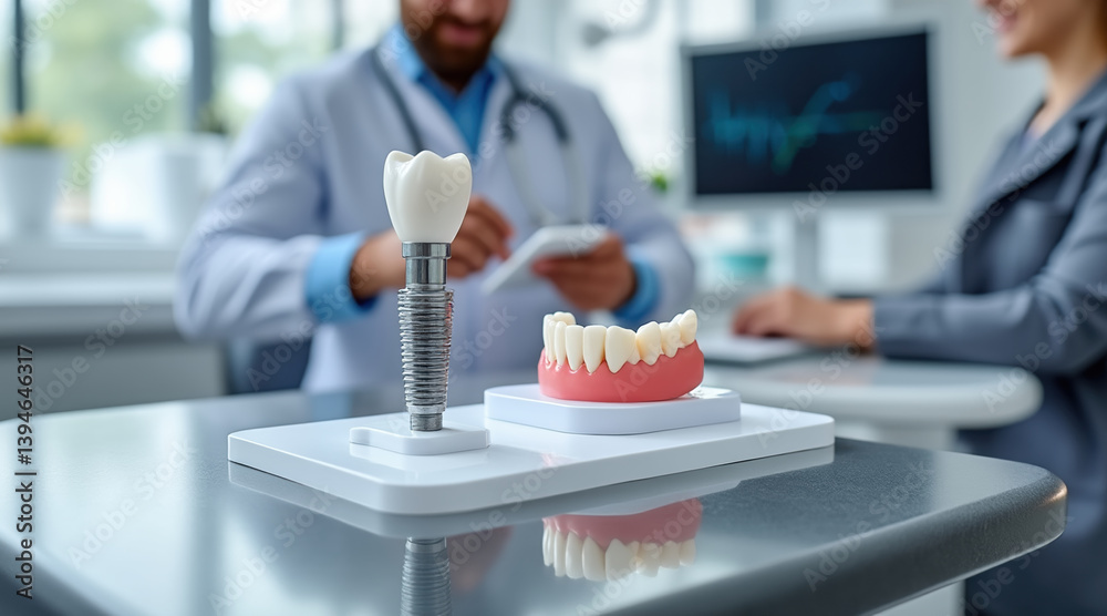Dental implant and denture displayed on table in modern dental clinic, advanced dental technology and patient care