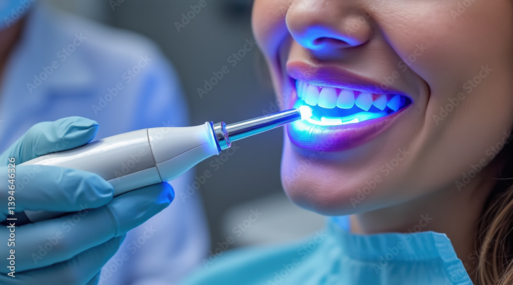 dental hygienist is using blue light device for teeth whitening, bright smile and professional care