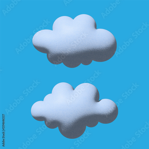 Two cloud illustrations with a textured, fabric like appearance float against a solid blue background.