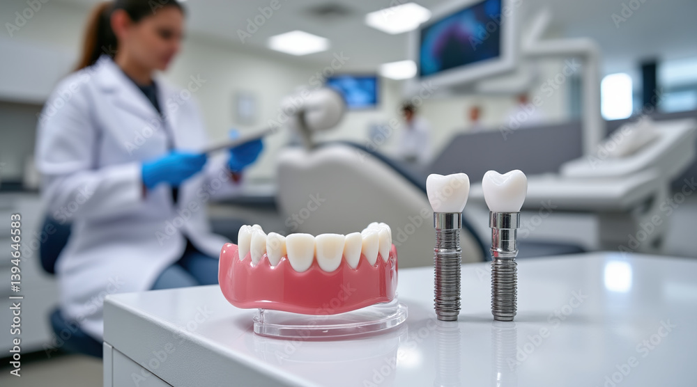 Dental implants and dentures displayed on table in dental clinic, advanced dental technology and care