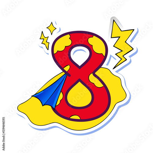 Number 8 in comic style with lightning bolts and yellow cape