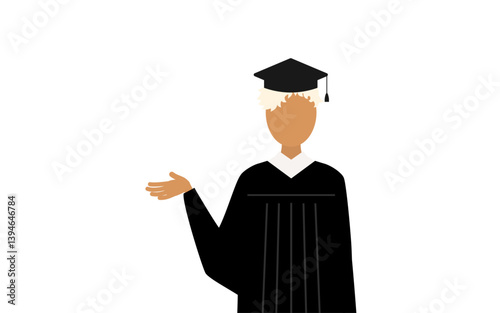 卒業ガウンを着て角帽をかぶった黒人の女子卒業生が話しているシンプルなイラスト