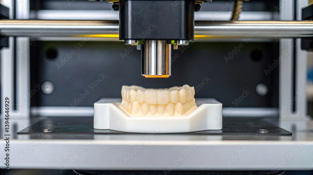 dental lab technician is using 3D printer to create tooth crown model, advanced technology in dental restoration