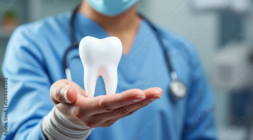 dental professional scrubs holds large tooth model, symbolizing dental care and health. image conveys sense of professionalism and expertise