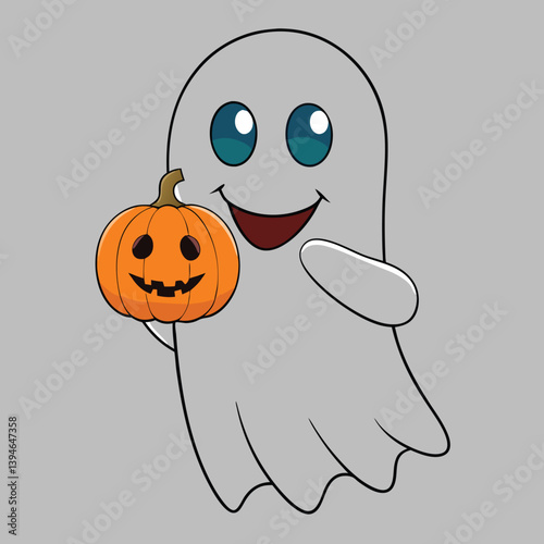 Cute Ghost Holding Pumpkin Vector Illustration: Halloween Character
