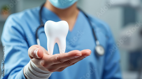 Obraz na płótnie dental professional scrubs holds large tooth model, symbolizing dental care and health. image conveys sense of professionalism and expertise w salonie