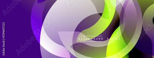 Abstract composition featuring overlapping translucent circles. Purple, green, gray hues blend creating dynamic visual effect. Modern design element for backgrounds or banners.