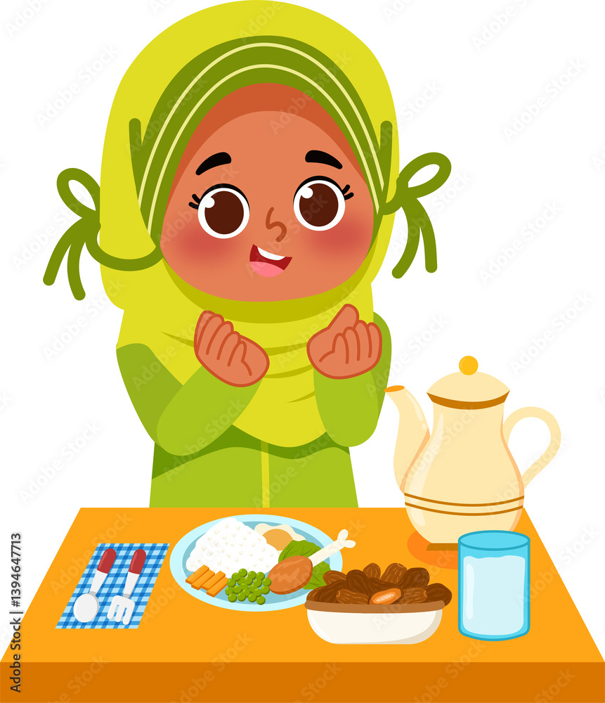 Joyful Muslim Girl Saying Grace Before a Meal Joyful Muslim Girl Saying Grace Before a Meal