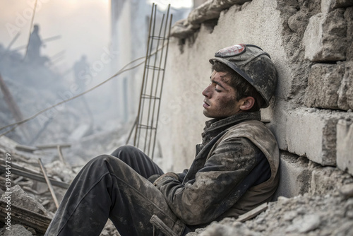 weary construction worker sits against wall amidst rubble, showing exhaustion and despair in post disaster scene
