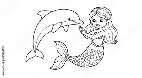 Cheerful Mermaid And Basic Dolphin Outline Coloring Sheet Whimsical Sea Life Encounter For Kids Coloring Activity