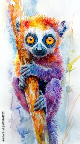 Playful Watercolor Lemur Hanging from Branch in Whimsical Style with Vibrant Colors and Artistic Detailing