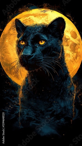Regal Black Panther Illuminated by Moonlight with Glowing Eyes Captivating the Night Sky in a Mystical Atmosphere