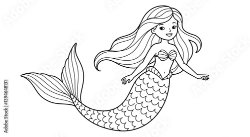 Beautiful Mermaid Long Rippling Hair Elegant Tail Coloring Sheet Simple Fantasy Character Art For Coloring