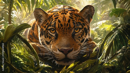 Lush Rainforest Scene Featuring a Sleek Jaguar Amidst Vibrant Greenery and Soft Light in Dynamic Watercolor Style