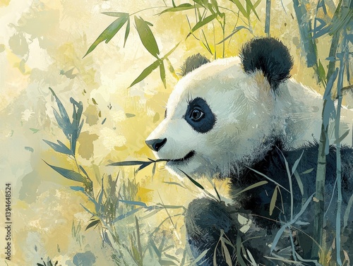Adorable Panda in Bamboo Forest Surrounded by Soft Watercolor Wash Evoking Serenity and Beauty in Nature's Gentle Embrace