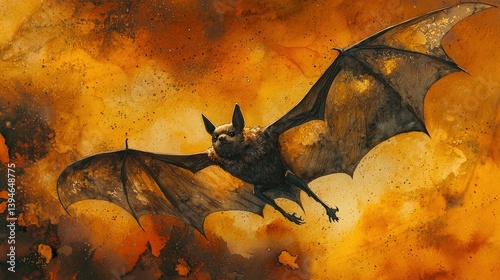 Majestic Bat in Watercolor Art Flying Through a Twilight Sky with Hues of Orange and Yellow Blending Beautifully in a Dreamlike Atmosphere