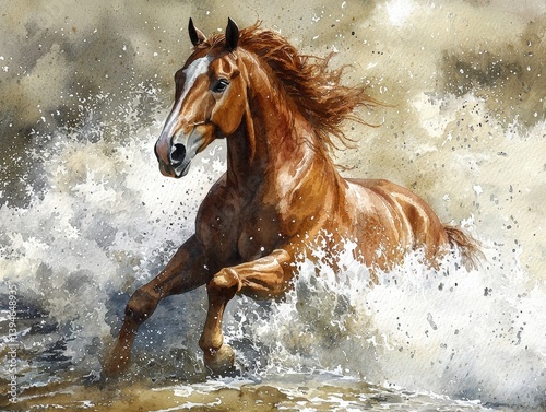 Majestic Horse Running Through Crashing Waves in Artistic Watercolor Style Featuring Dramatic Splash and Movement