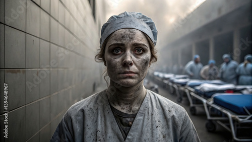 healthcare worker stands amidst chaotic scene, covered in dust and grime, reflecting emotional toll of challenging environment