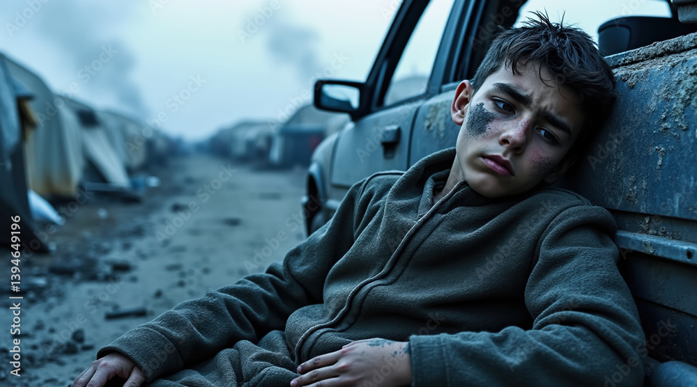 young boy with somber expression sits against car, showing signs of distress and weariness. background features desolate scene with tents