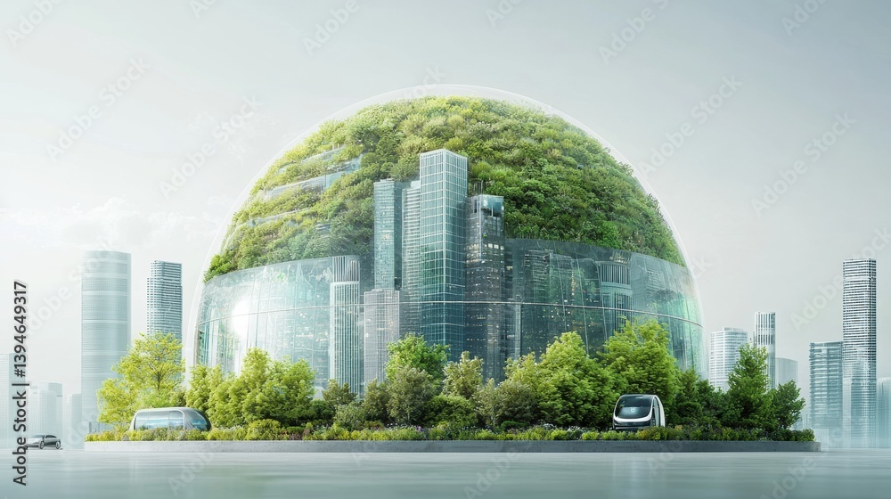 Naklejka premium Green Technology Sustainability concept. Futuristic green city with AI optimized energy systems