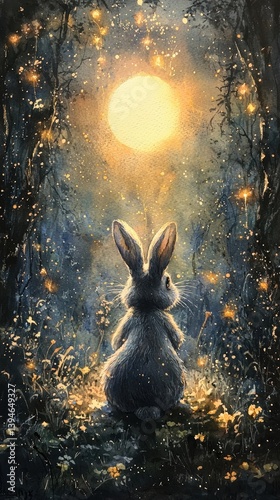 Serene Rabbit Under the Glowing Full Moon Surrounded by Soft Lights and Floral Elements in a Whimsical Watercolor Style
