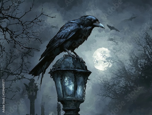 Atmospheric Watercolor Artwork of a Raven Perched on a Gothic Lantern Under a Full Moon with a Dark and Mysterious Background