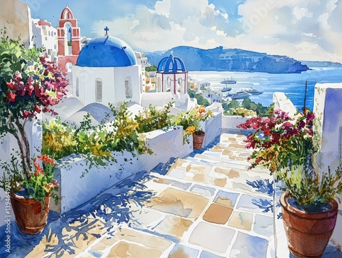 Stunning View of White Houses on Santorini with Vibrant Flowers and Serene Aegean Sea in Background