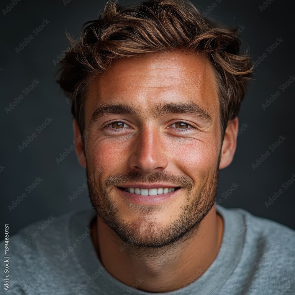 A man with a smile on his face is wearing a gray shirt A man with a smile on his face is wearing a gray shirt