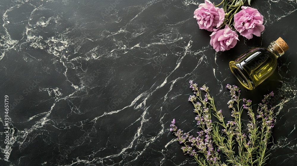 Naklejka premium Dark stone surface with aromatherapy elements
