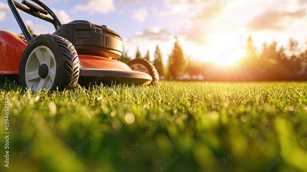Fototapeta premium Lawn mower on grass at sunset