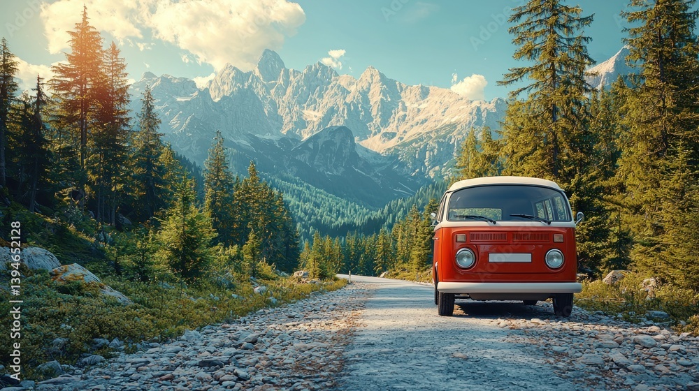 Scenic mountain road with camper van Scenic mountain road with camper van
