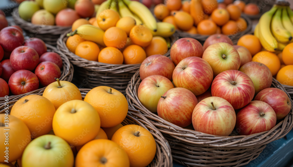 Assortment Of Fresh Fruits In Wicker Baskets Assortment Of Fresh Fruits In Wicker Baskets
