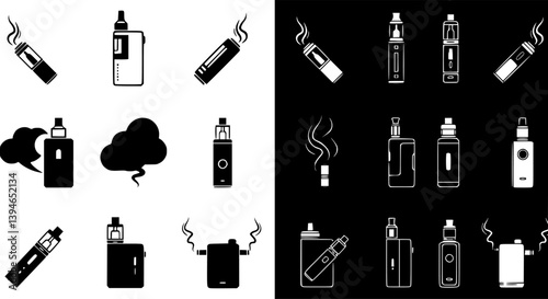 Vape linear icons set. Outline simple vector of electronic cigarette with smoke. Contour isolated pictogram on white background
