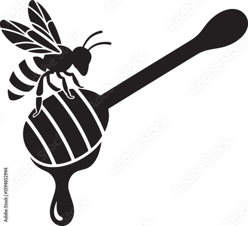 Bee and Honey Dipper Silhouette Illustration Promoting Honey and Beekeeping 