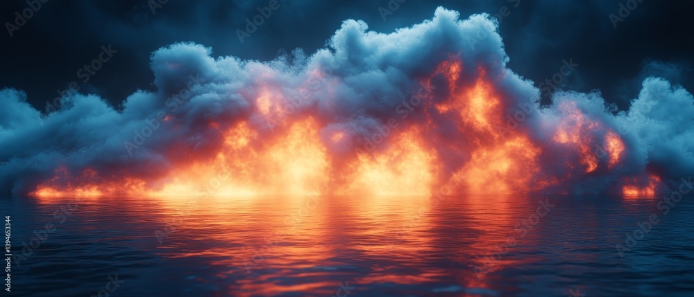 Fototapeta premium A fire is burning in the sky above a body of water