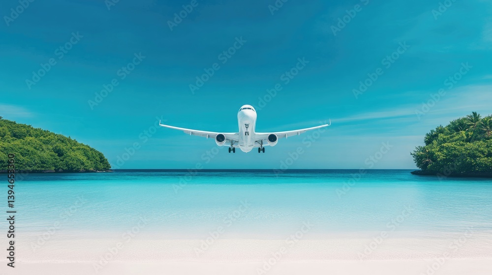 A commercial jet plane descending towards a tropical paradise. The plane is about to land on a pristine white sand beach, surrounded by lush green hills and a turquoise ocean.