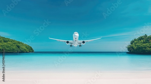 Obraz na płótnie A commercial jet plane descending towards a tropical paradise. The plane is about to land on a pristine white sand beach, surrounded by lush green hills and a turquoise ocean. w salonie