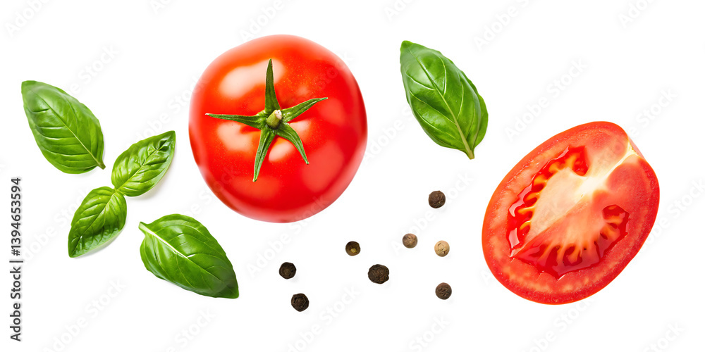 Fresh, ripe red tomatoes with green basil are a healthy and juicy vegetarian ingredient. Fresh, ripe red tomatoes with green basil are a healthy and juicy vegetarian ingredient.
