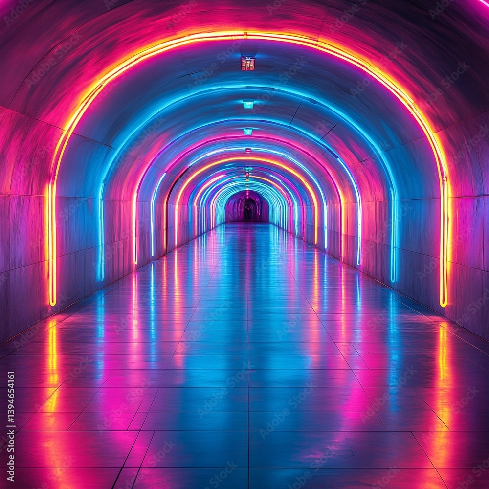 Futuristic neon-lit tunnel with glowing pink, blue, and purple lights reflecting on shiny floor — vibrant sci-fi corridor concept ideal for cyberpunk, nightlife, tech, or digital art themes Futuristic neon-lit tunnel with glowing pink, blue, and purple lights reflecting on shiny floor — vibrant sci-fi corridor concept ideal for cyberpunk, nightlife, tech, or digital art themes